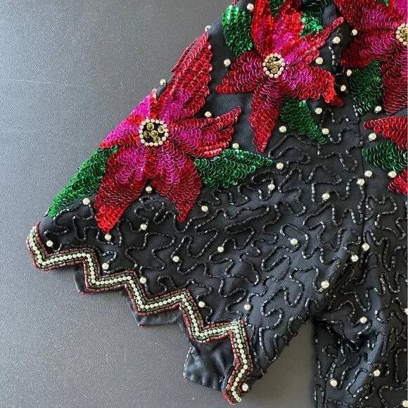 Vintage 90s Laurence Kazar Women Top Size XL Sequin Beaded Floral Party Holiday - Picture 5 of 13